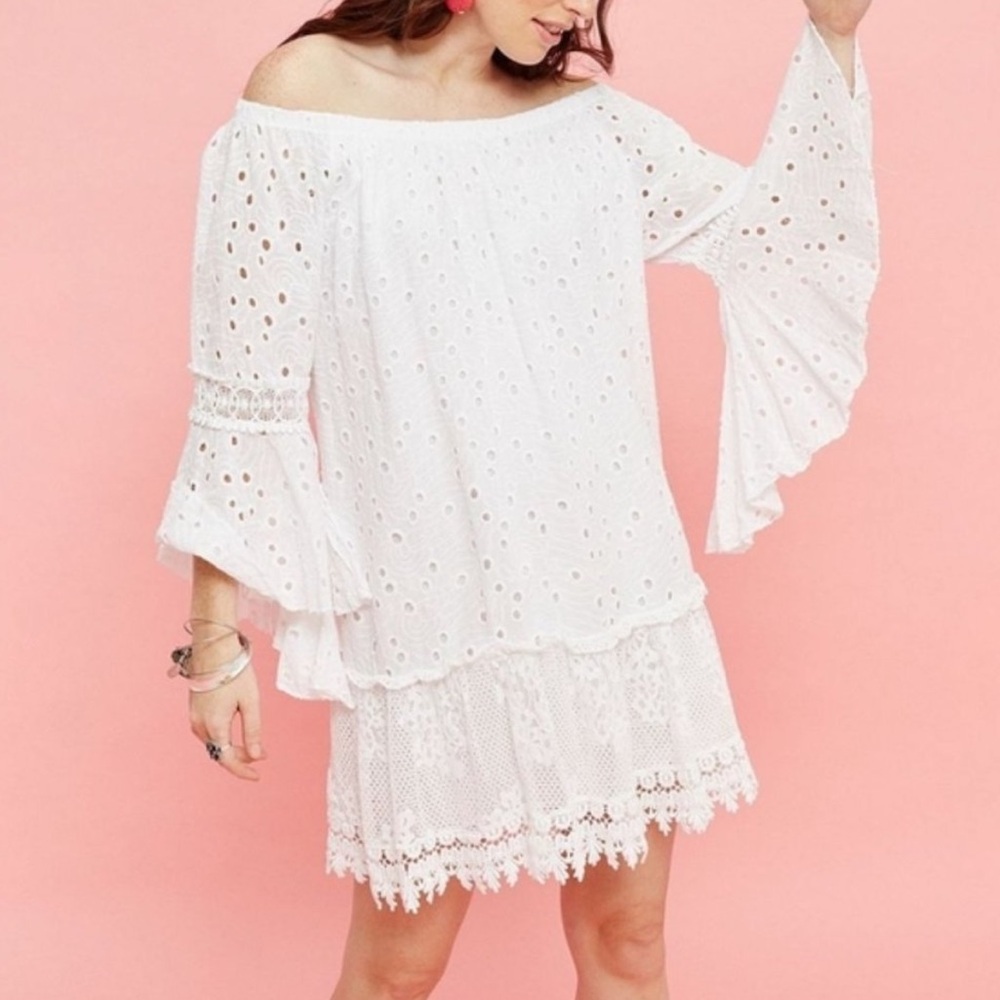 M Made In Italy White Eyelet Crochet Lace Long Bell Sleeve Mini Dress